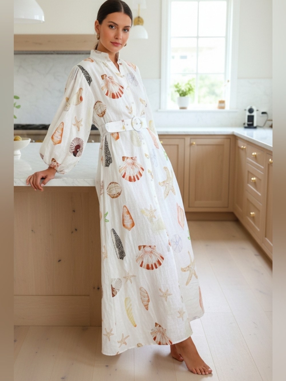 Ocean Seashell Collared Button Up Long Balloon Sleeve Belted Maxi Shirt Dress